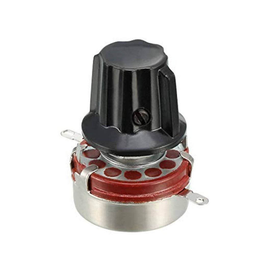 Rotary carbon film variable resistor with black adjuster, red circular ring, and leads