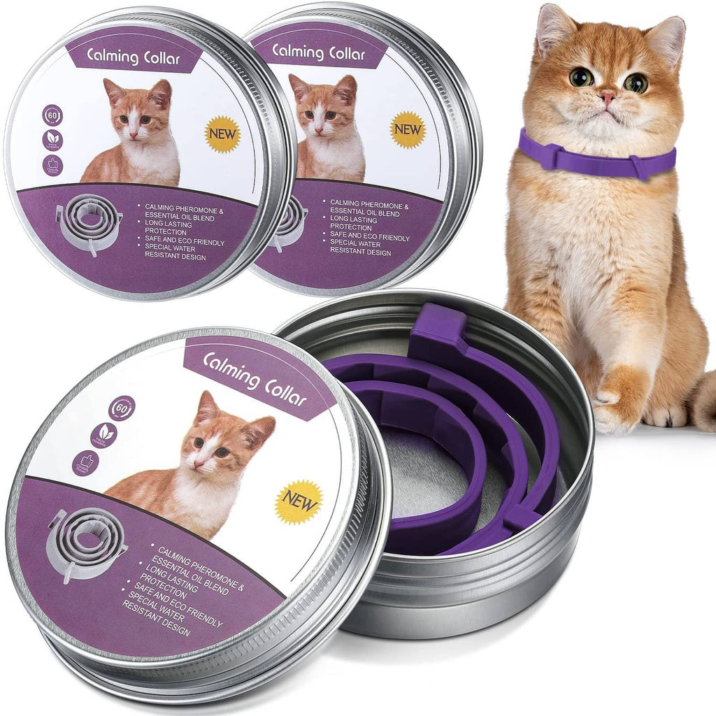 Purple adjustable calming pet collar with snap buckle, shown on an orange cat