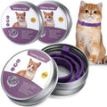 Purple adjustable calming pet collar with snap buckle, shown on an orange cat