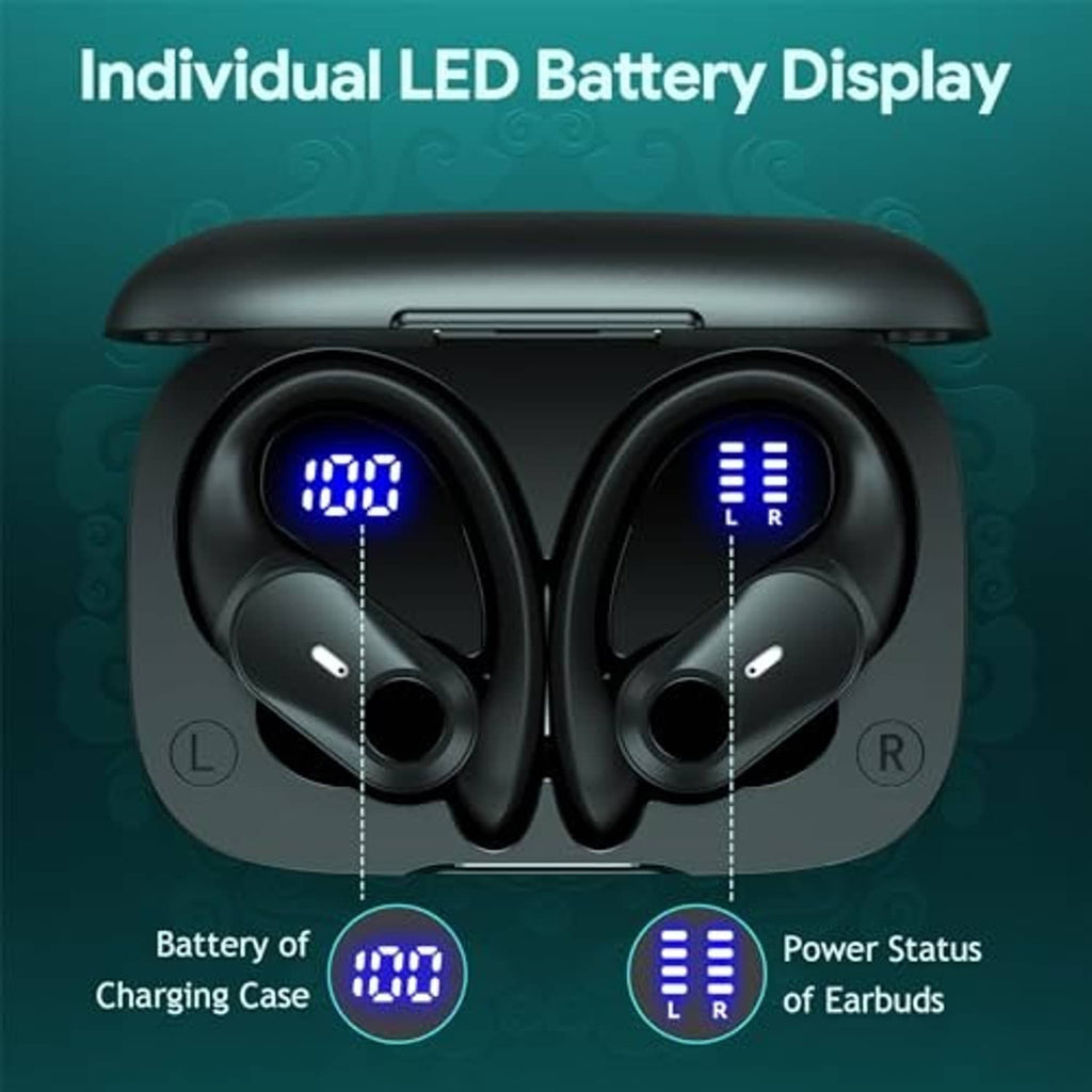 Black charging case with two wireless earbuds, blue LED indicators for left and right