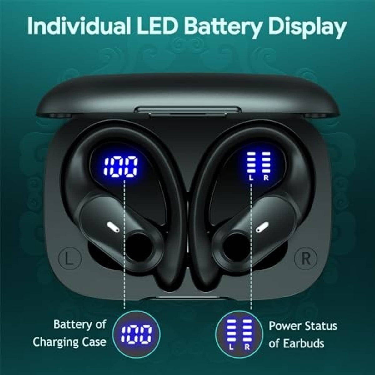 Black charging case with two wireless earbuds, blue LED indicators for left and right