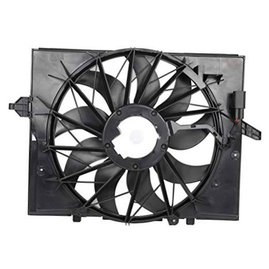 Electric radiator fan assembly with black multi-blade fan on rectangular mounting frame