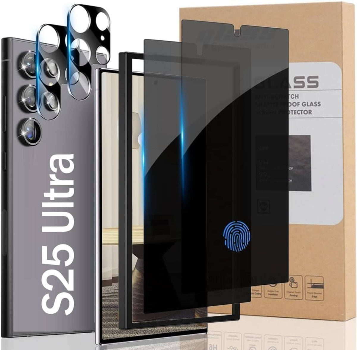 Samsung phone with privacy screen protector and camera lens films, plus retail package