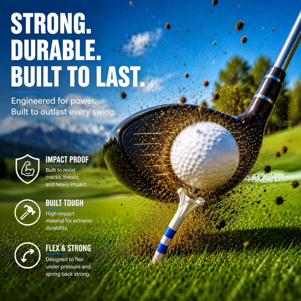 White golf ball and white 5-prong tee with blue striped shaft, impact-ready
