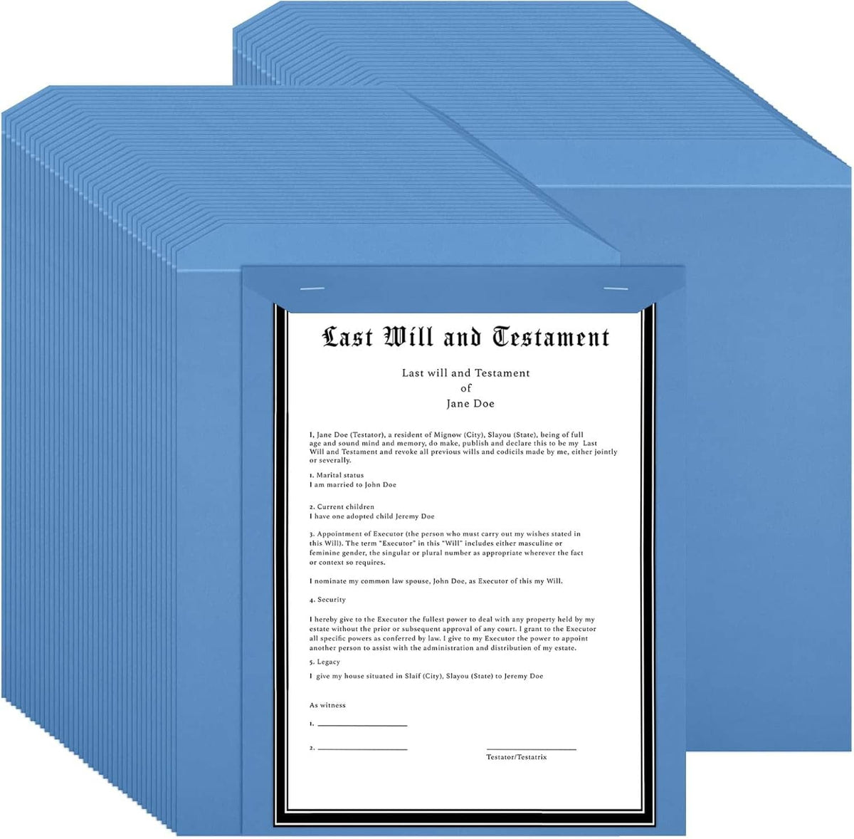 Blue manuscript cover paper stack for letter-size documents with document window area