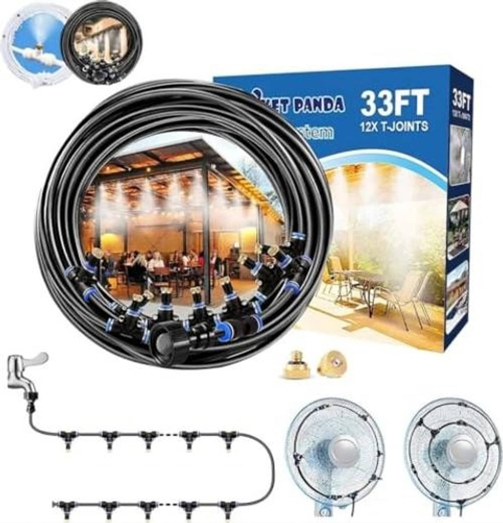 33FT black outdoor misting hose kit package with nozzles and two mist fans