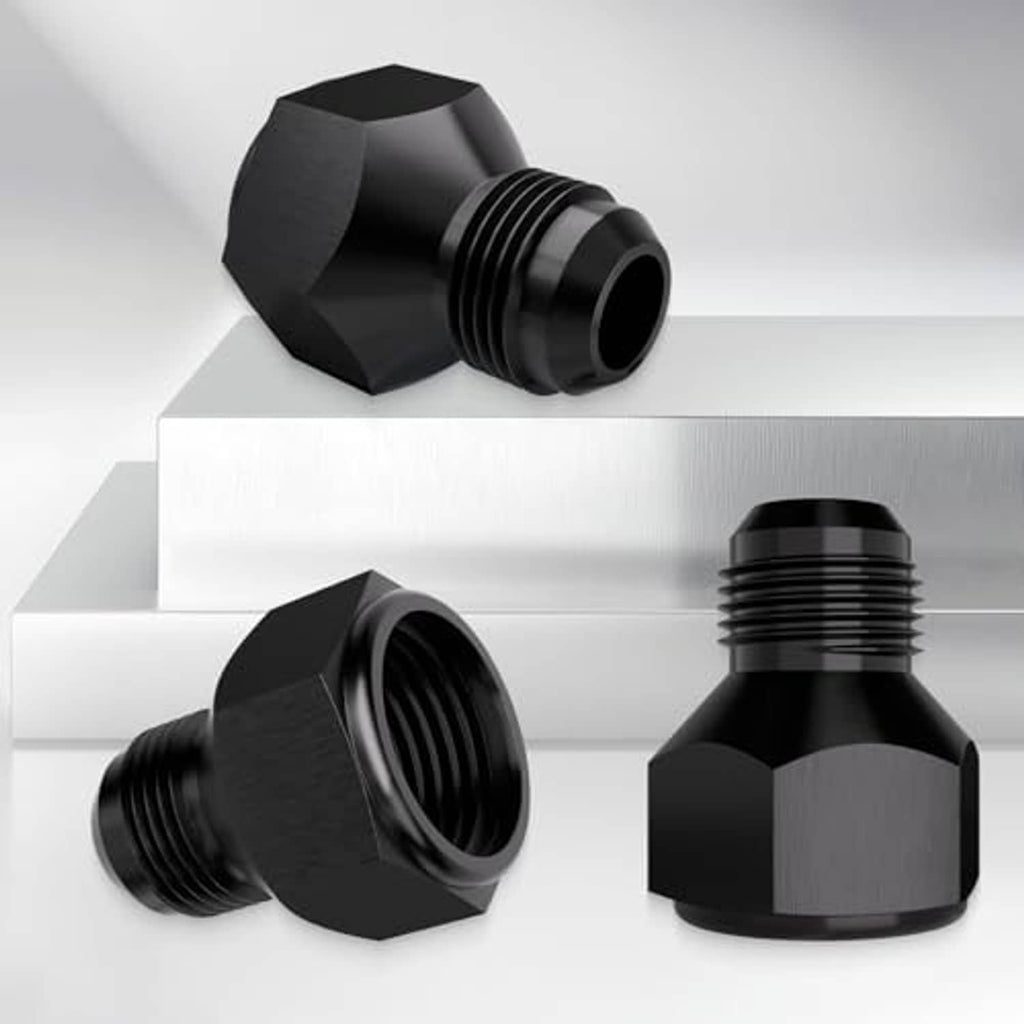 Black aluminum AN hose flare reducer fitting, male threads, hex body