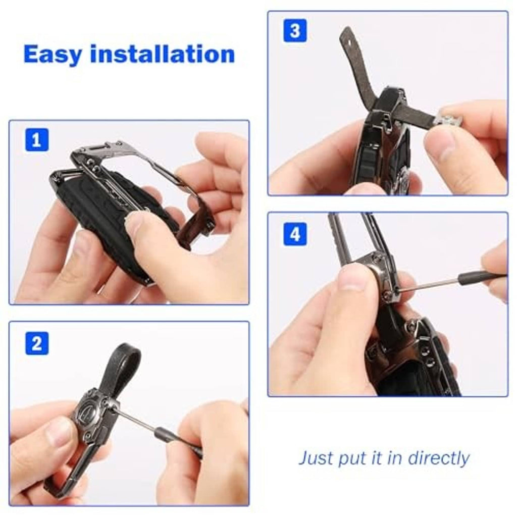 Key fob case cover with keychain ring, installation steps with hands holding the key