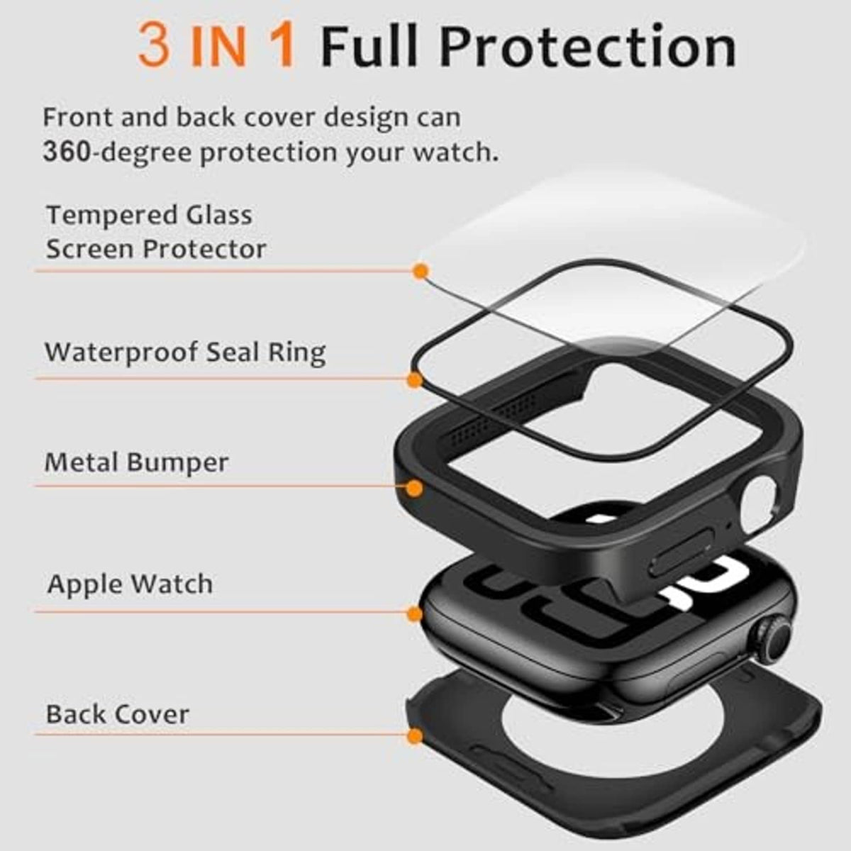 Black metal watch case with tempered glass screen protector and waterproof seal ring