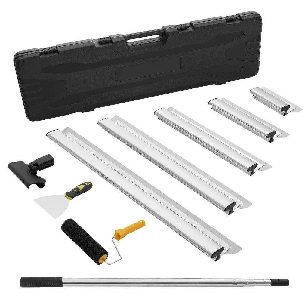 Drywall skimming blade set with black storage case, multiple white blades, roller, and handle