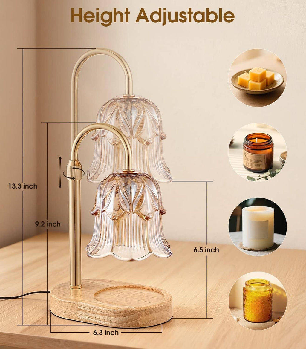 Electric candle warmer lamp with adjustable stem and amber glass bell shade; size diagram