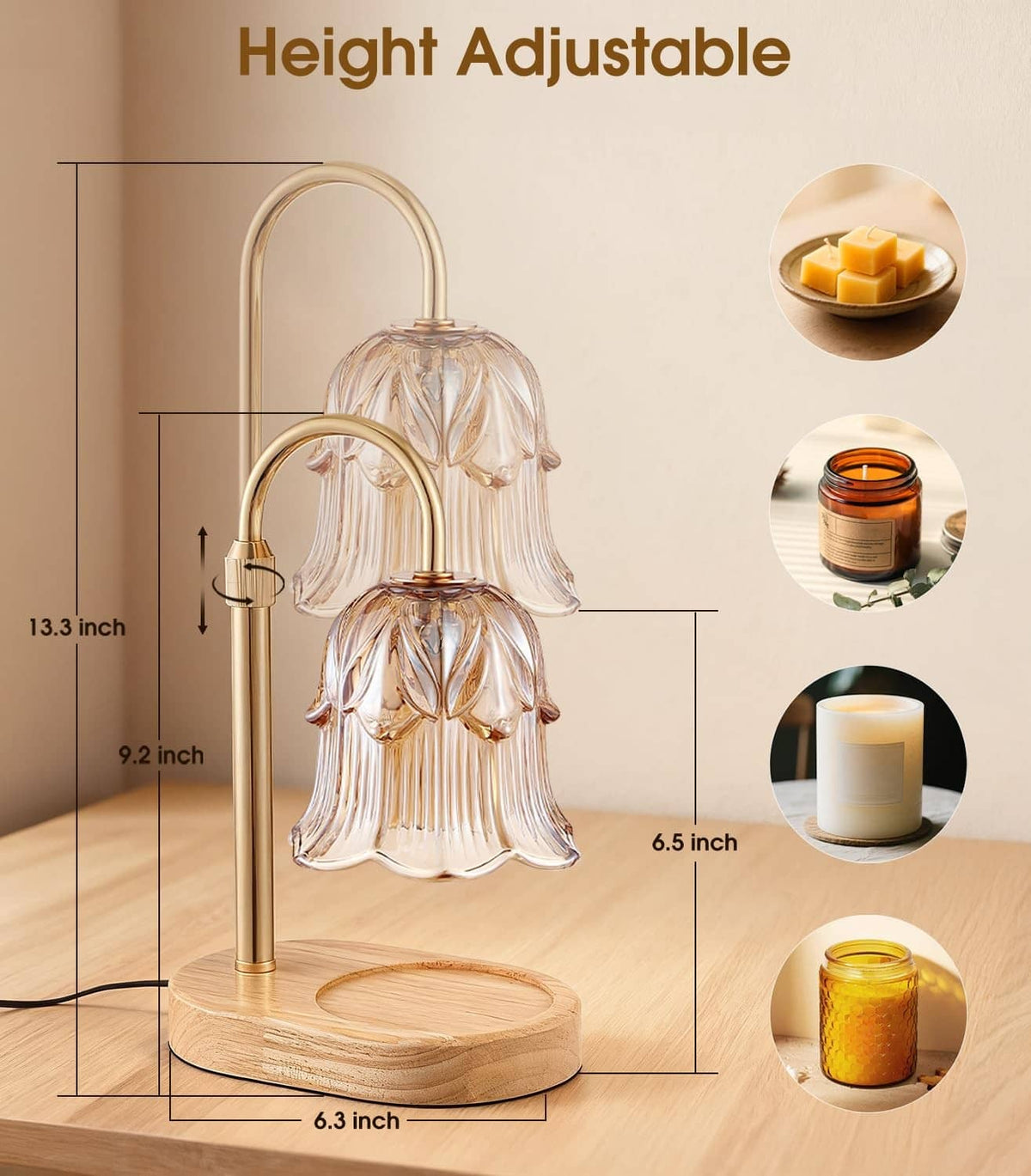 Electric candle warmer lamp with adjustable stem and amber glass bell shade; size diagram
