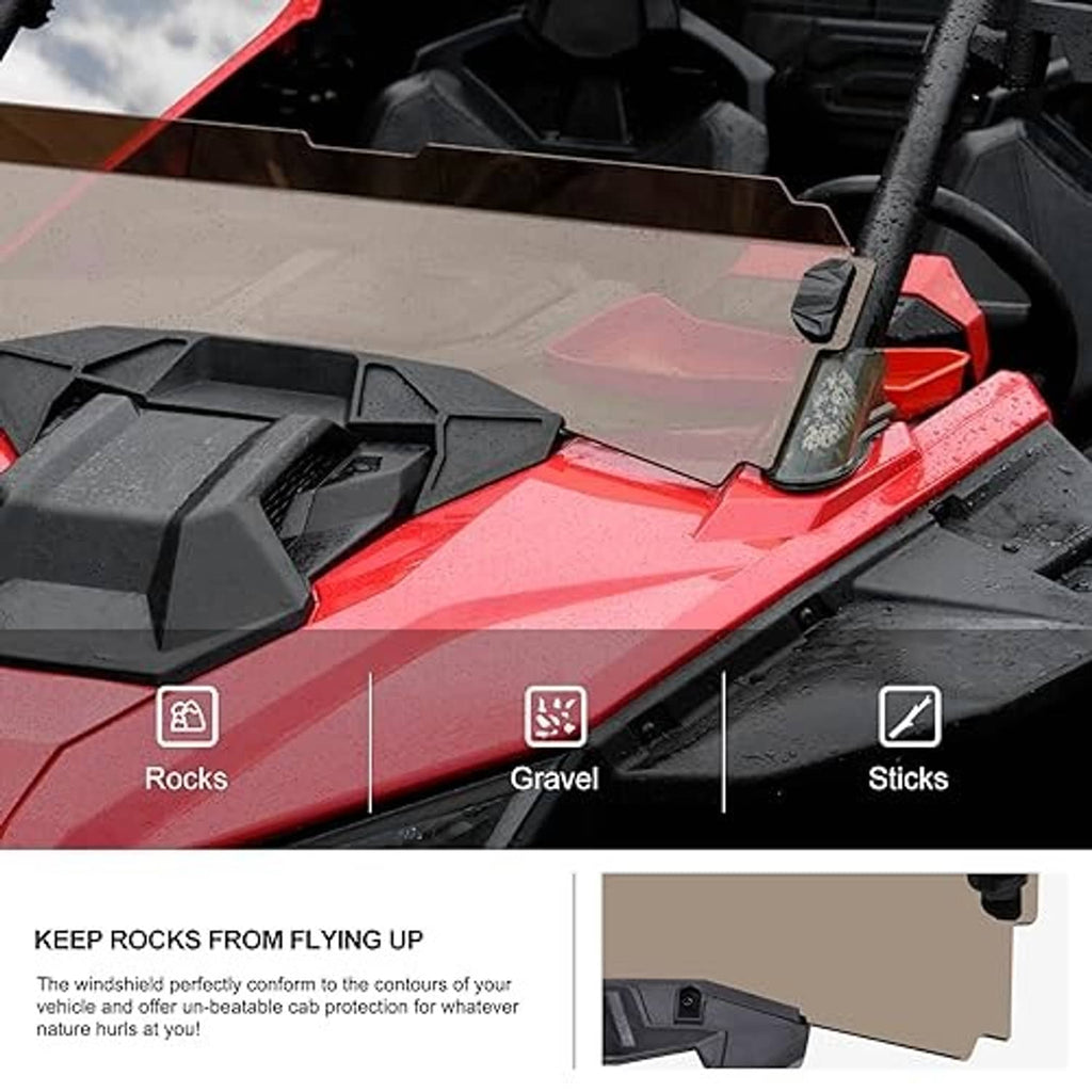 Tinted hard-coated half windshield panel with black frame corners and mount posts