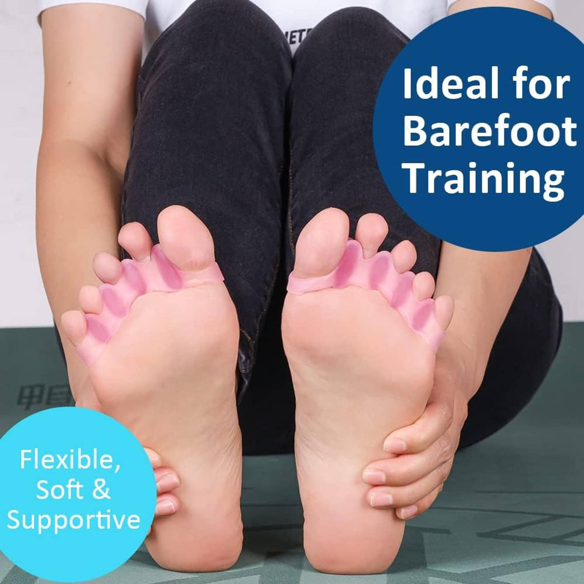 Pink toe spacer separators worn on bare feet