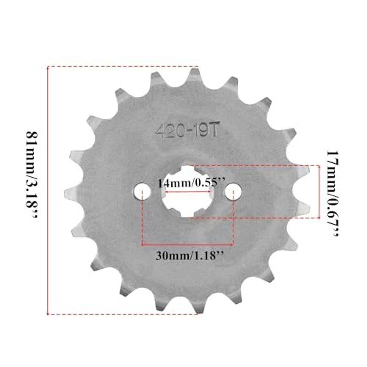 420-19T motorcycle front sprocket dimensions, 30mm center width and 14mm hole spacing