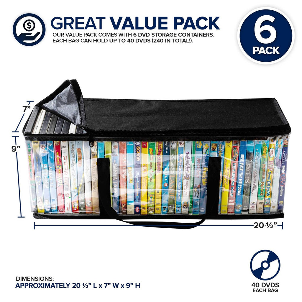 Black DVD storage bag with clear side panels, top opening, and carrying handles