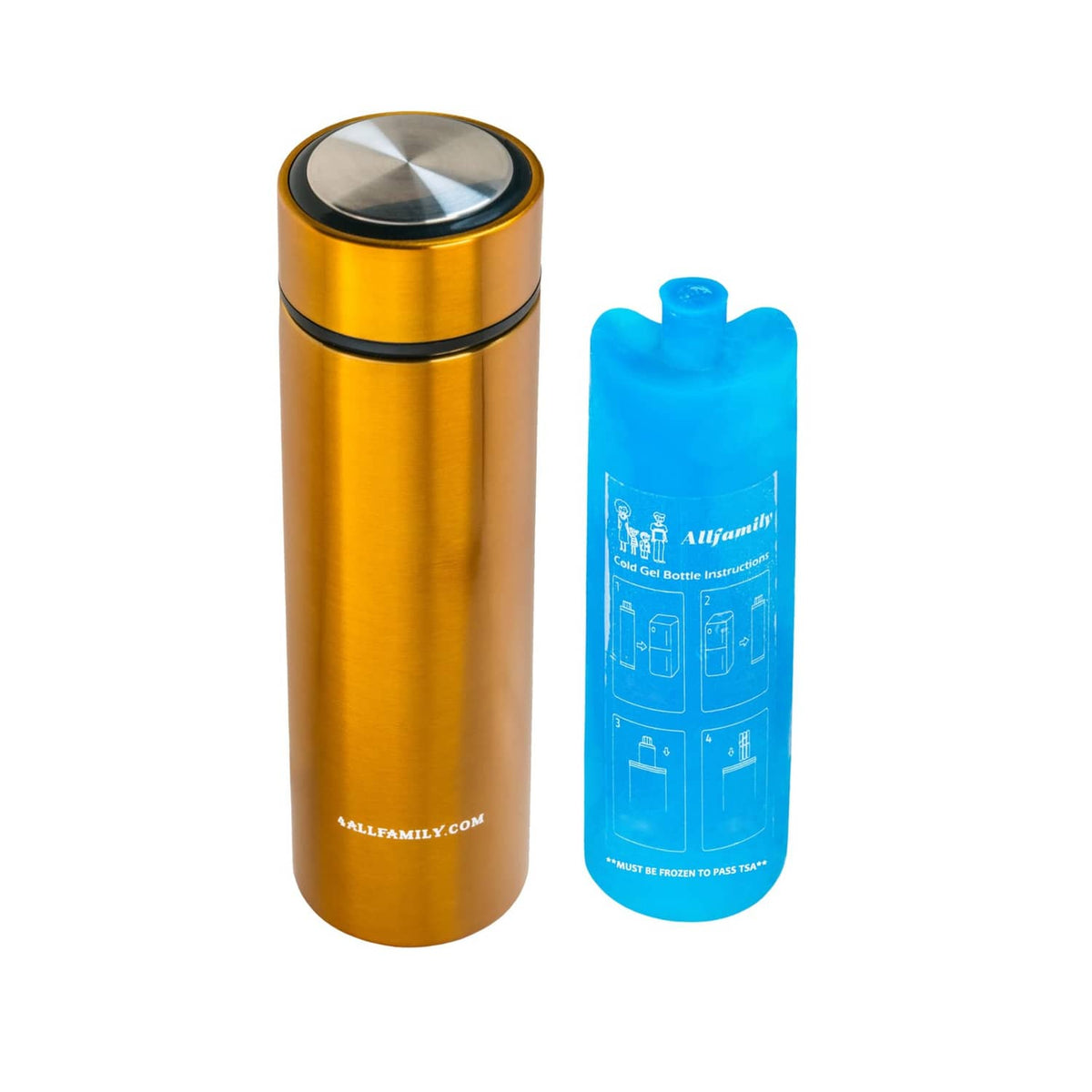 Gold insulin travel case cooler with black lid and blue cooling insert