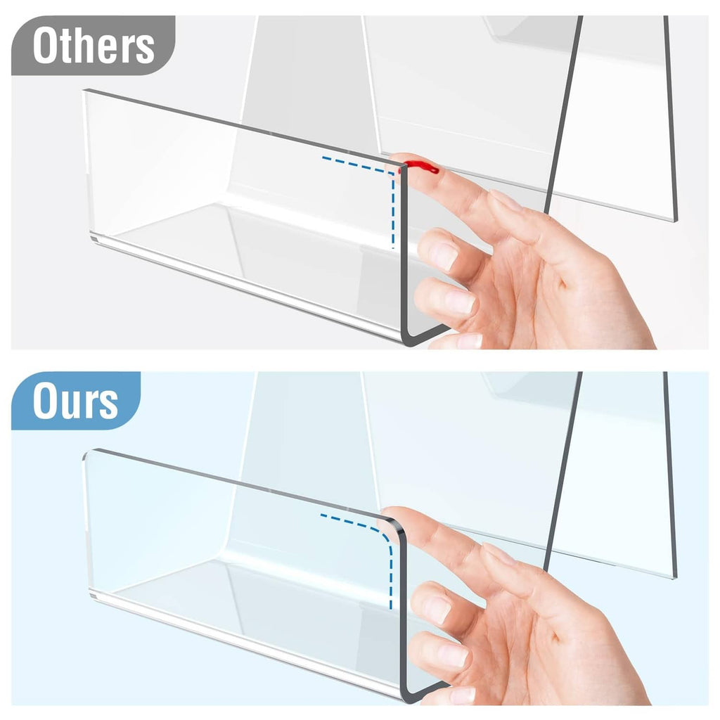 Clear acrylic easel book stand with front shelf detail as hand inserts