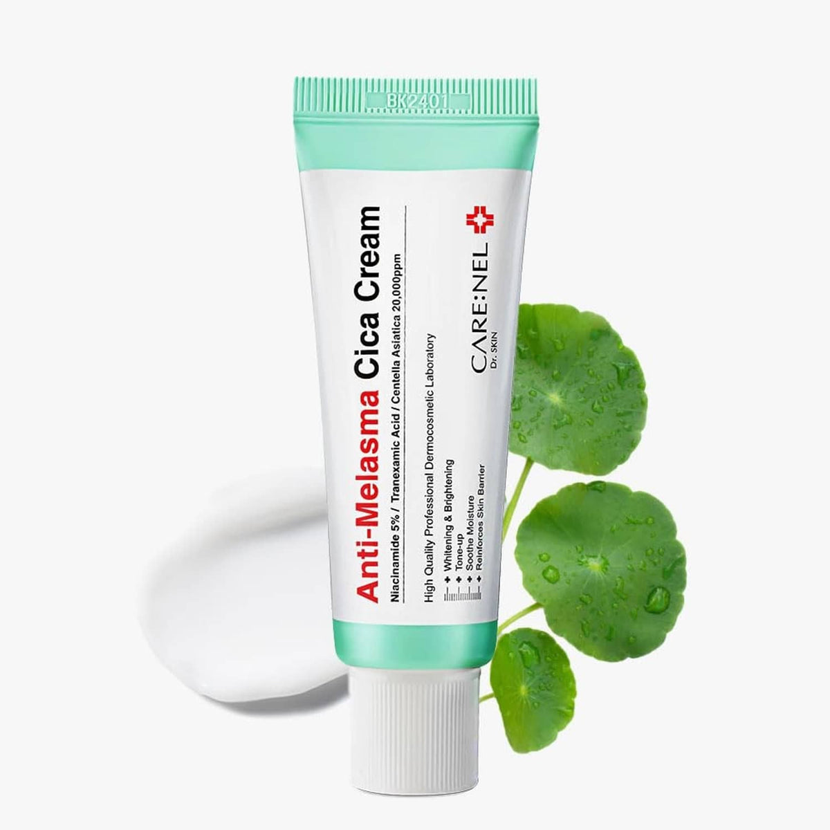 Anti-melasma face cream tube with teal cap and white squeeze body, Cica CreaNE+ label