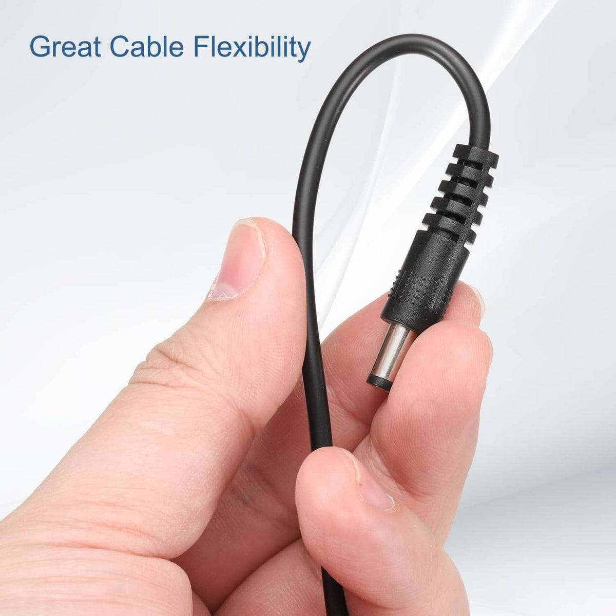 DC power pigtail cable with flexible black sheath and silver DC barrel plug