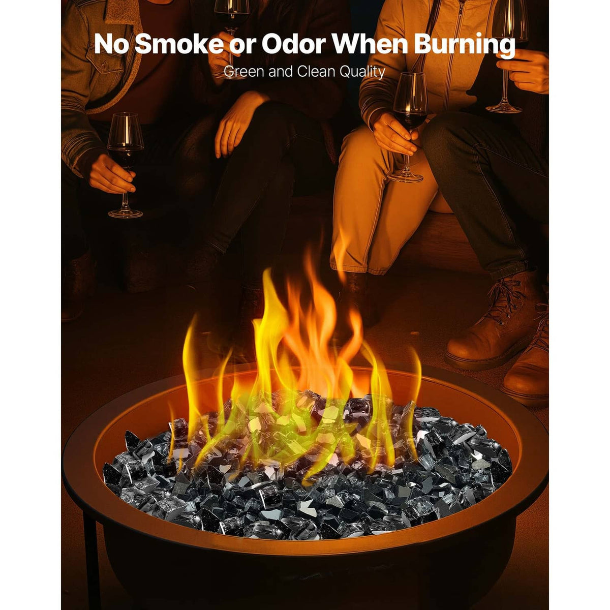 Black crushed glass stones in a round fire bowl with open flames