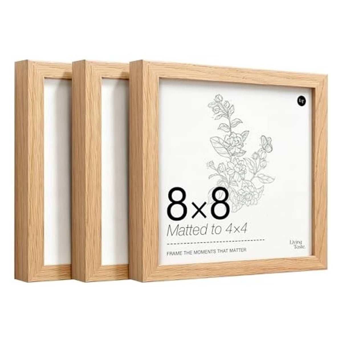 Set of 3 light oak 8x8 picture frames with real glass, front view