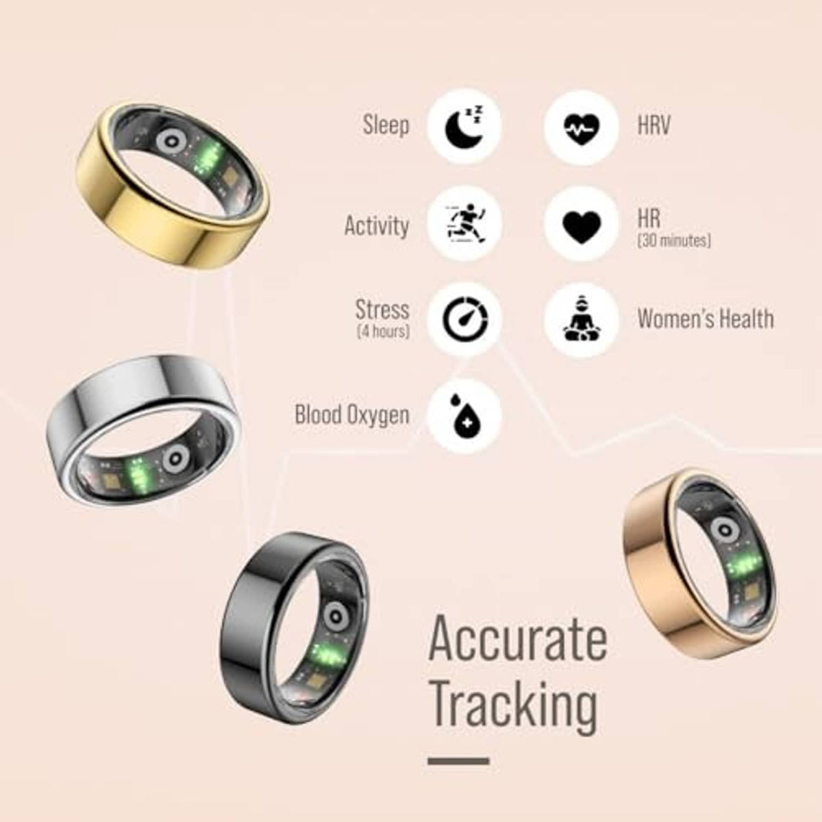 Gold and black smart ring with activity, sleep, HR, and stress tracking icons