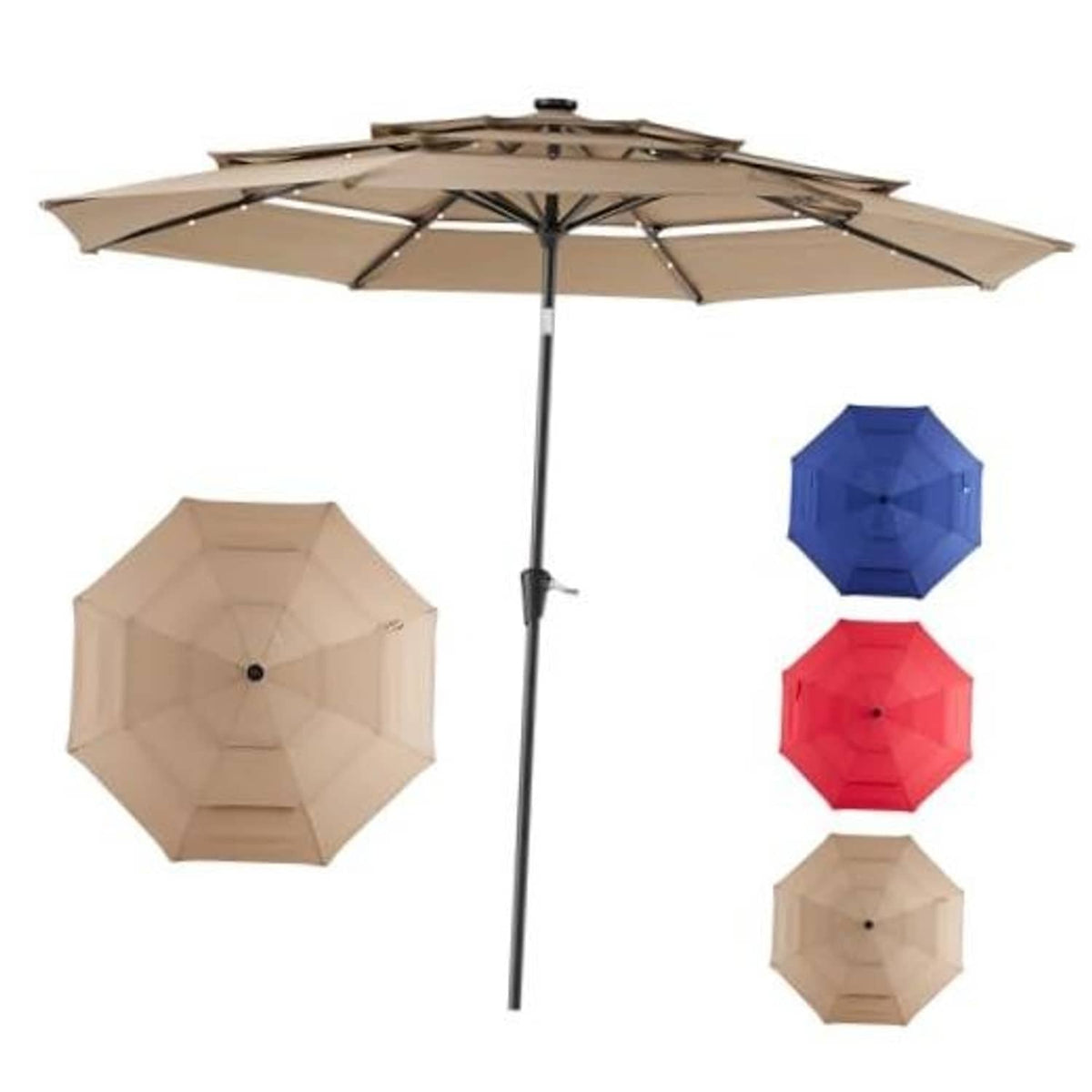 Beige solar patio umbrella with three-tier canopy and removable LED light caps