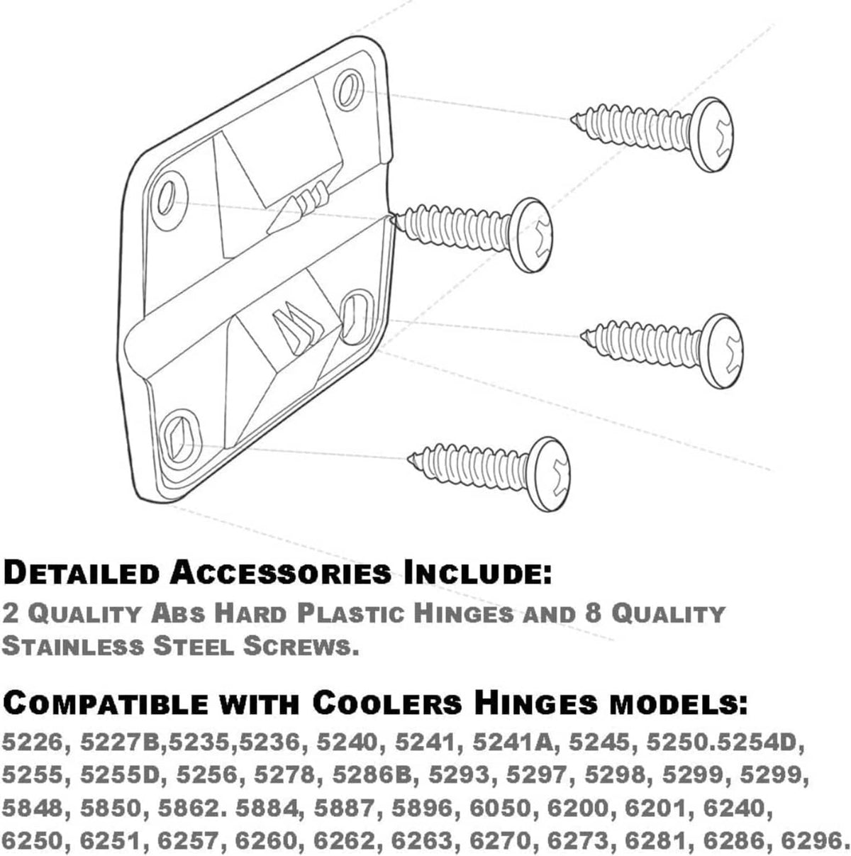 Cooler hinge replacement hardware diagram: ABS hinges and stainless screws