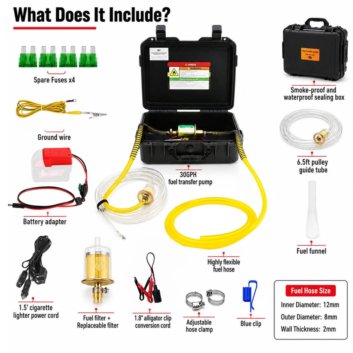 Fuel transfer pump set accessories with fuel hose, funnel, clamp, and fuse kit