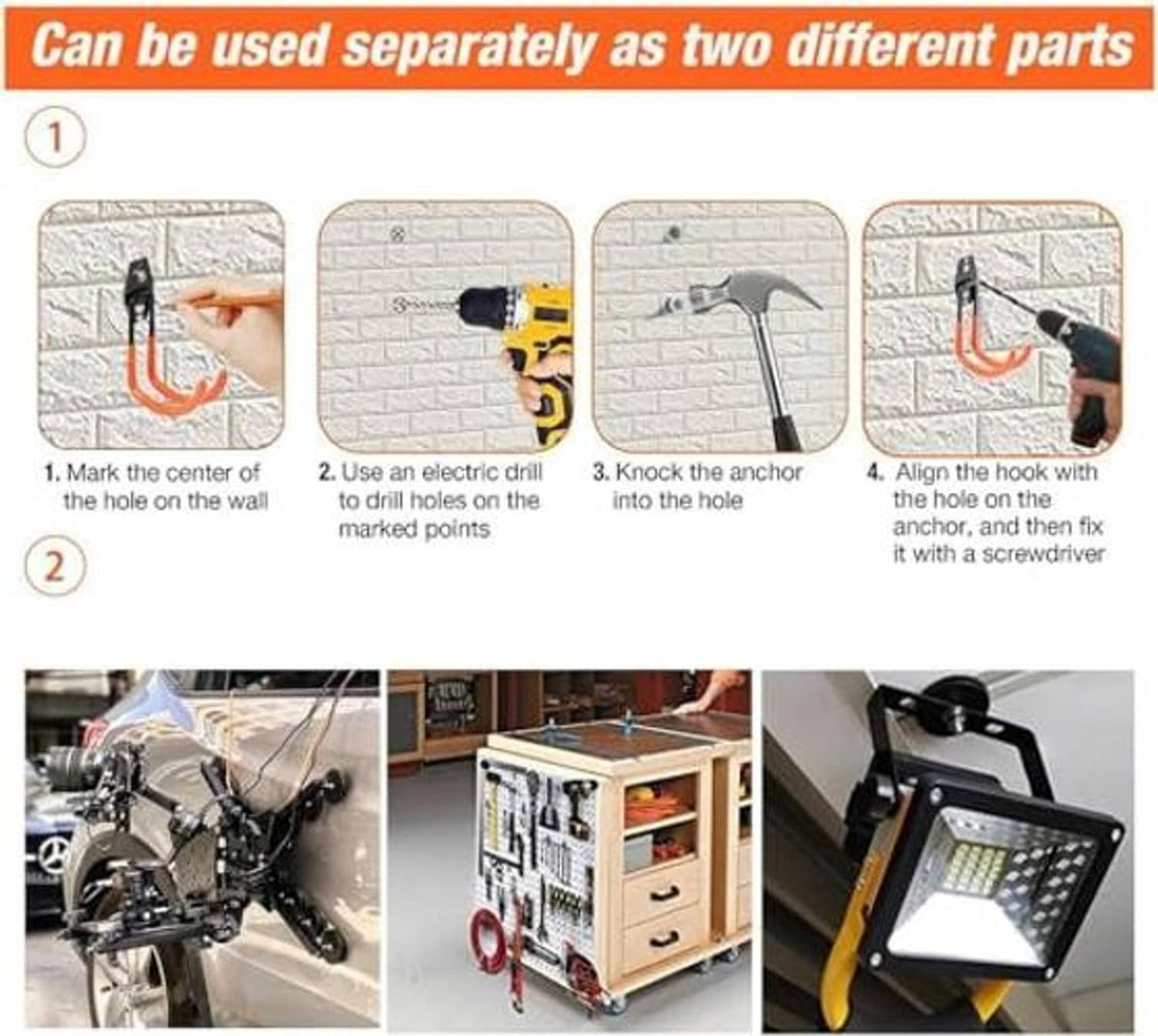Magnetic hook for mounting, black magnet base with red-orange rubber-coated double hook