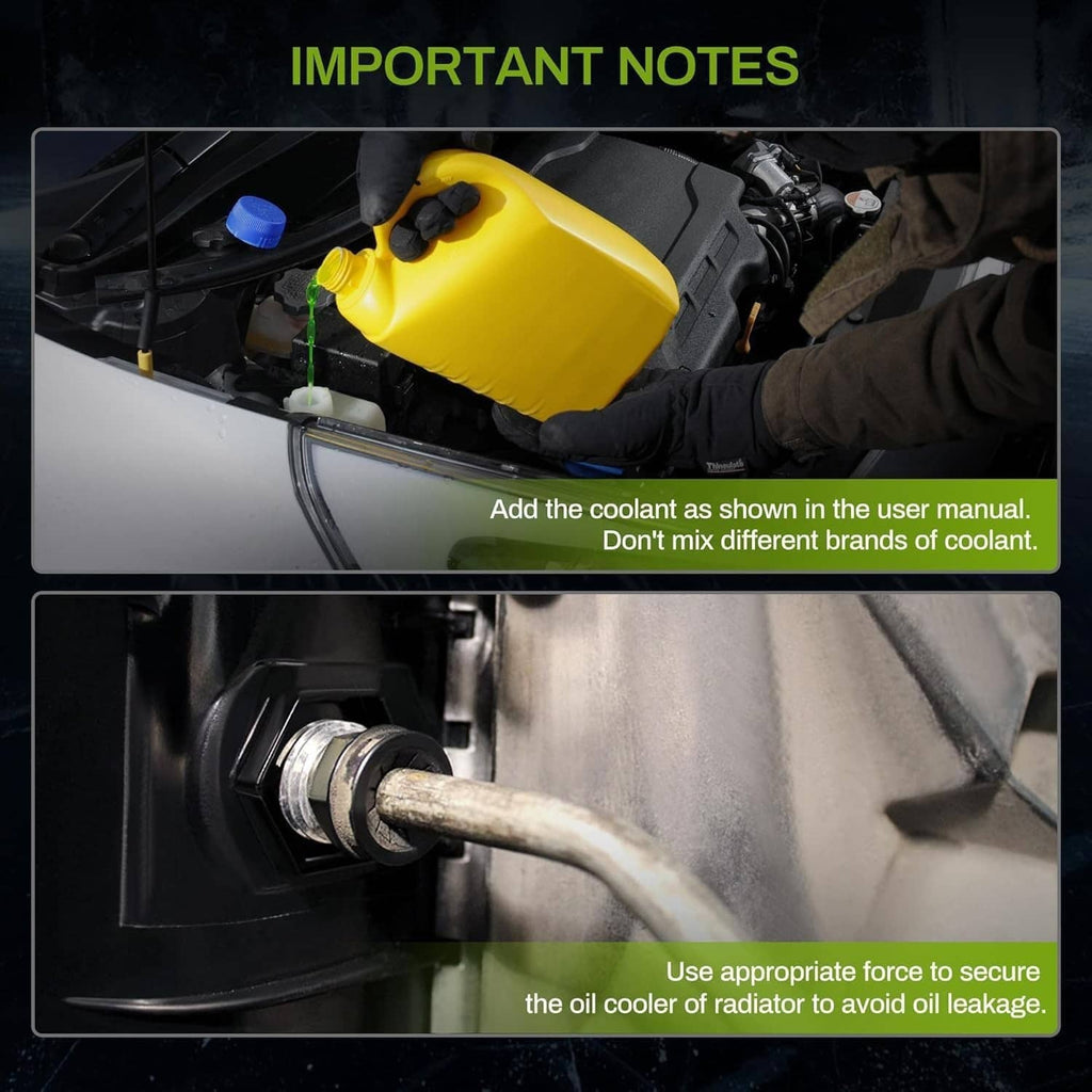Radiator installation note showing coolant addition and secure oil cooler connection