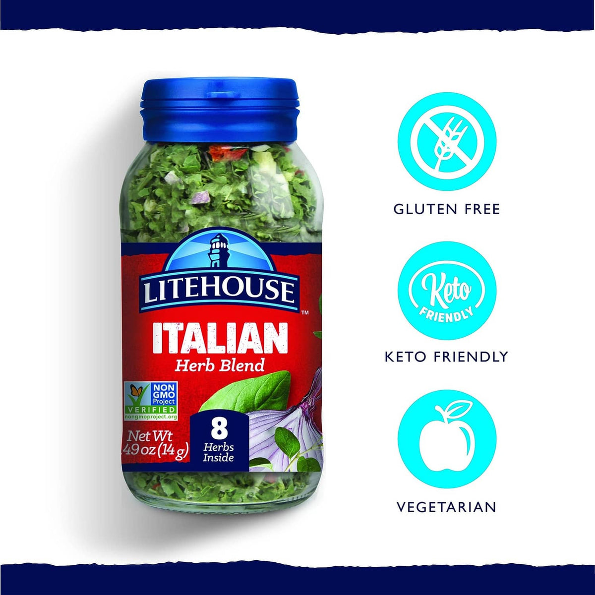 Litehouse Italian herb blend jar with blue lid and vegetarian keto-friendly icons