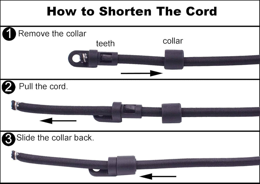 Black rod strap with adjustable collar for shortening the cord