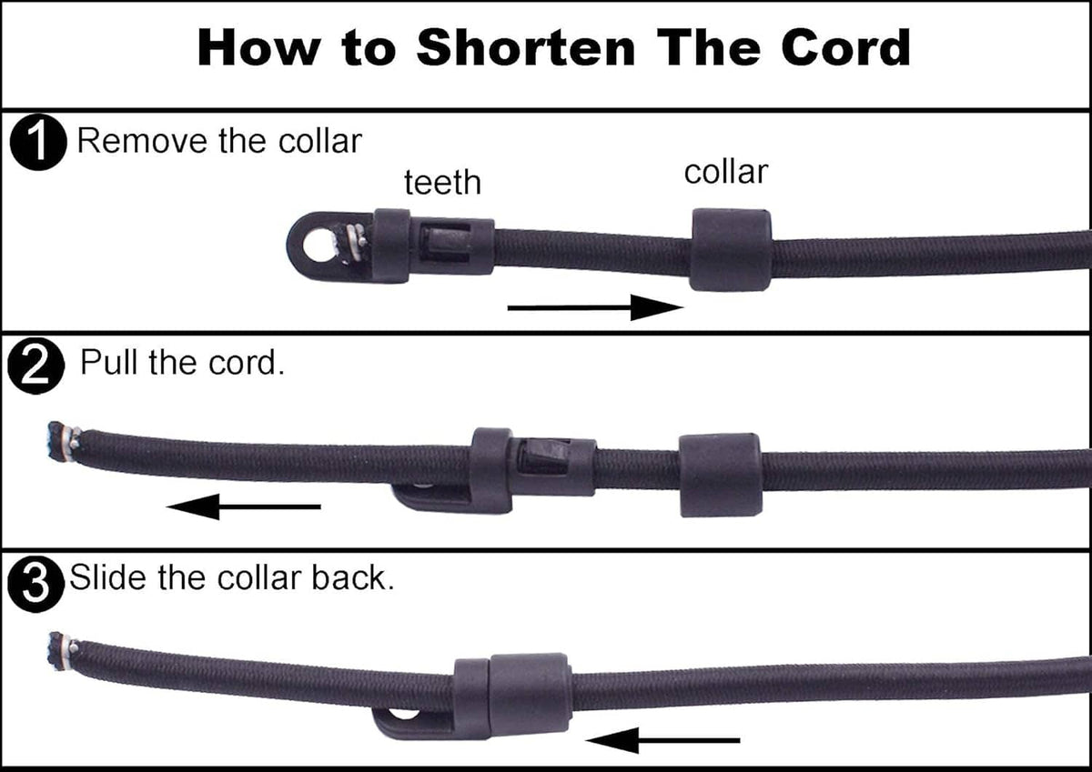 Black rod strap with adjustable collar for shortening the cord