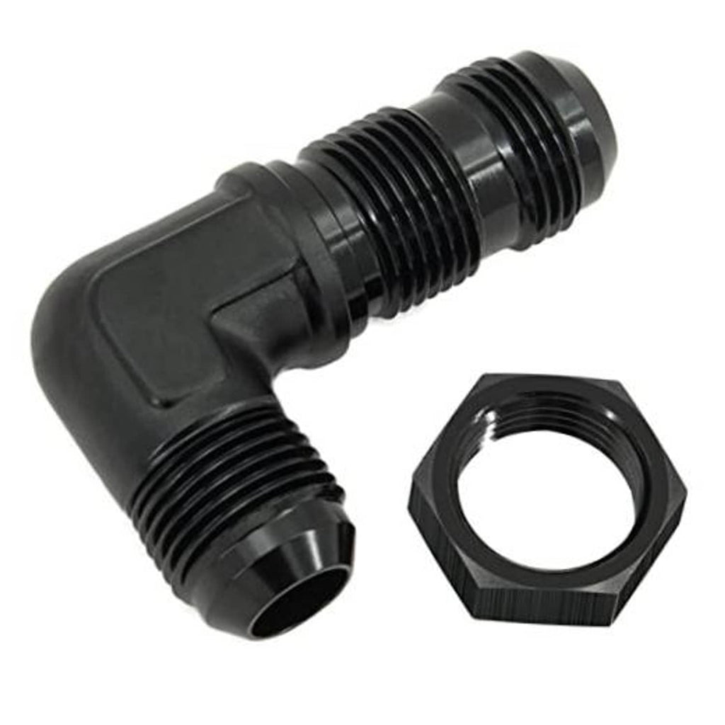 90-degree bulkhead flare fitting adapter with male threads and hex nut, black finish