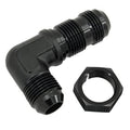 90-degree bulkhead flare fitting adapter with male threads and hex nut, black finish