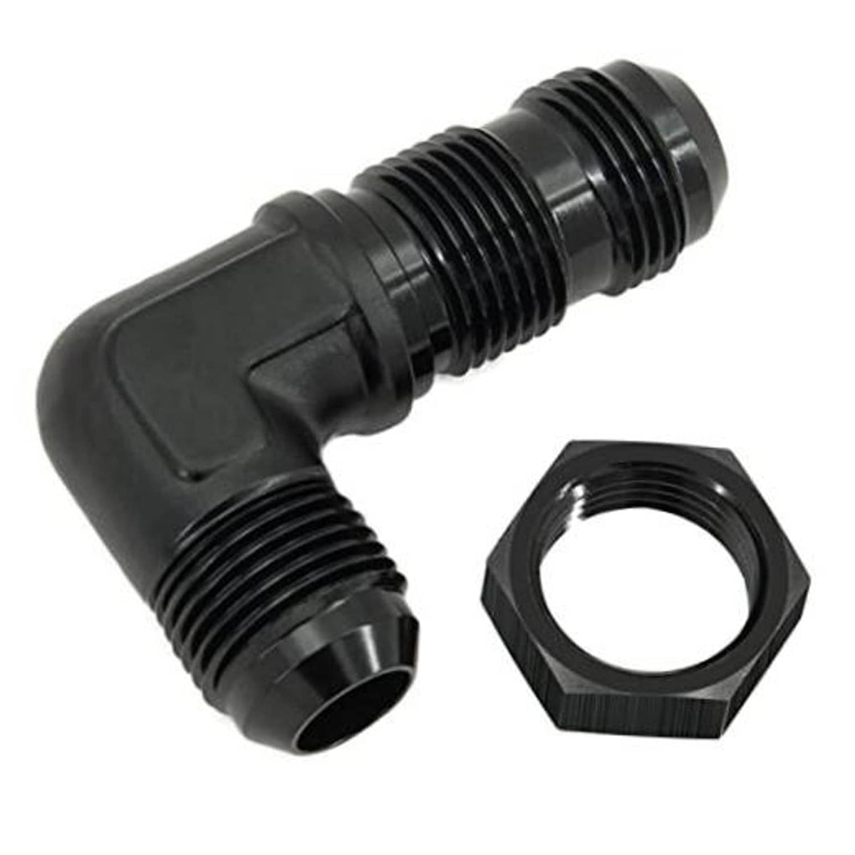 90-degree bulkhead flare fitting adapter with male threads and hex nut, black finish