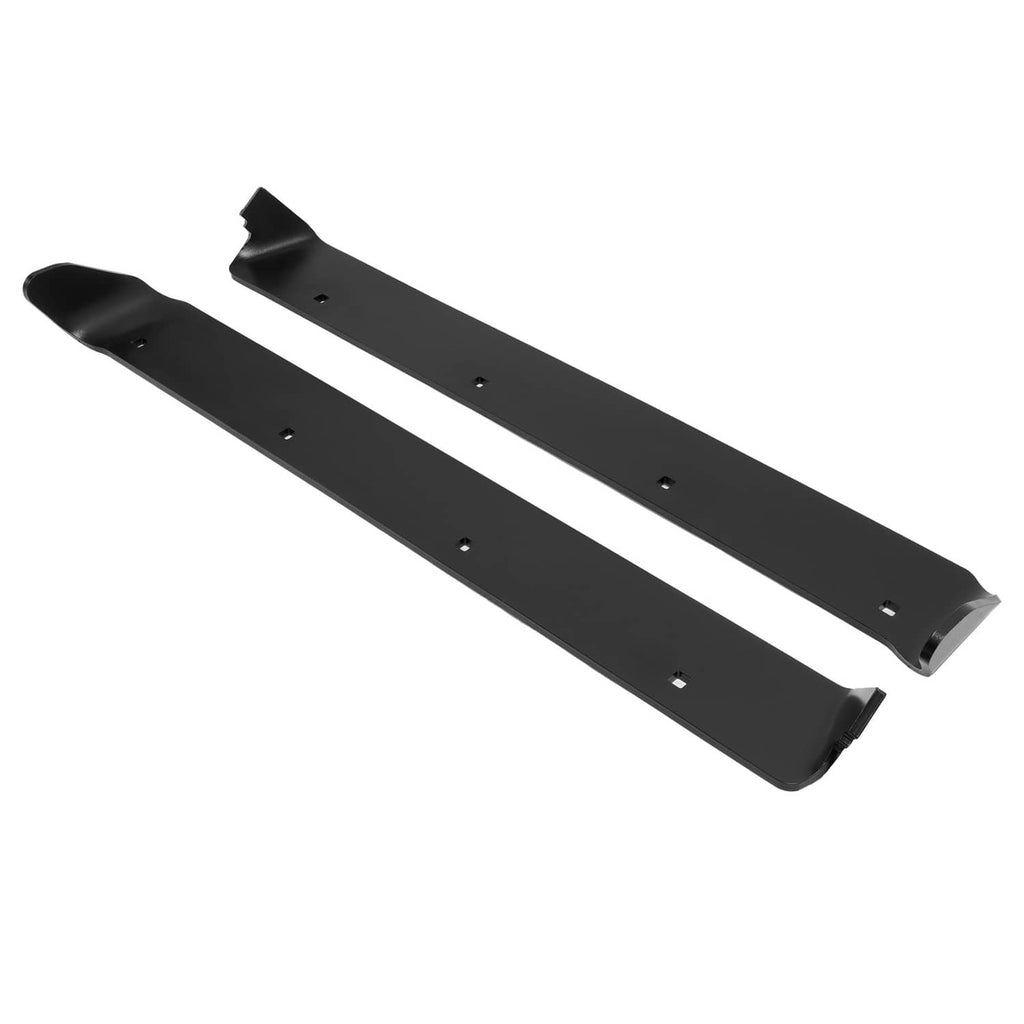 Two black snow plow cutting edge blades with mounting holes and raised lip ends