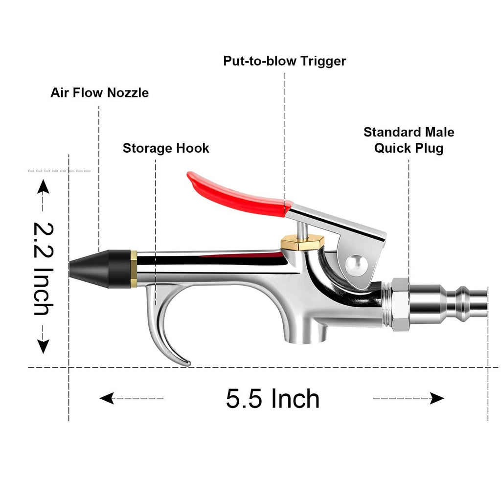 Air blow gun set diagram with red trigger handle, storage hook, and quick plug