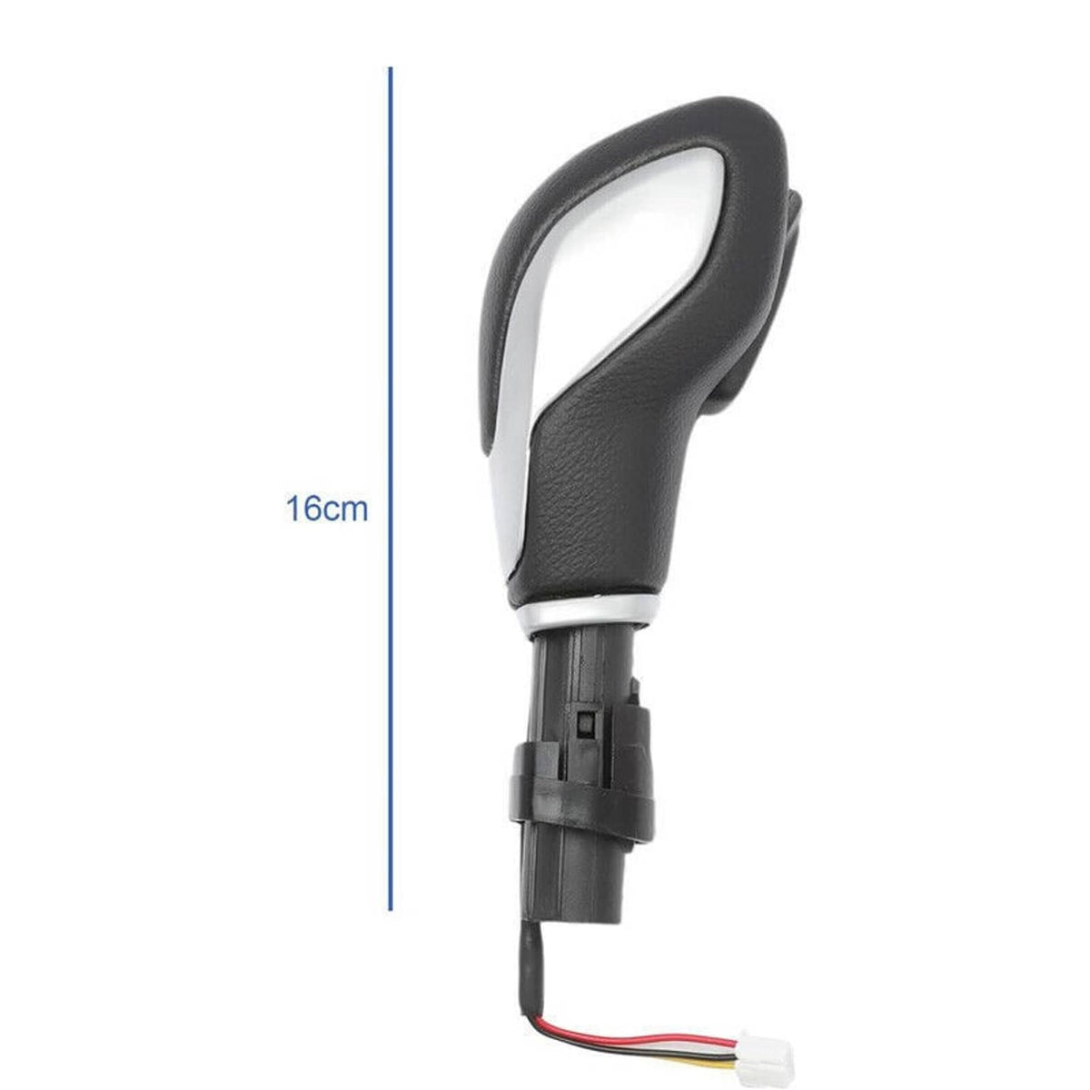 Black automatic gear shift knob, upright profile with mounting base and wiring