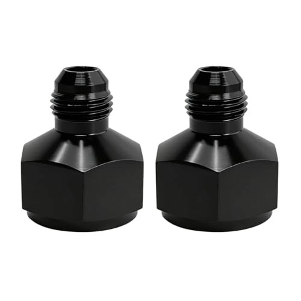Black aluminum AN10 to AN6 flare reducer adapters with male and female threaded ends (2-pack).