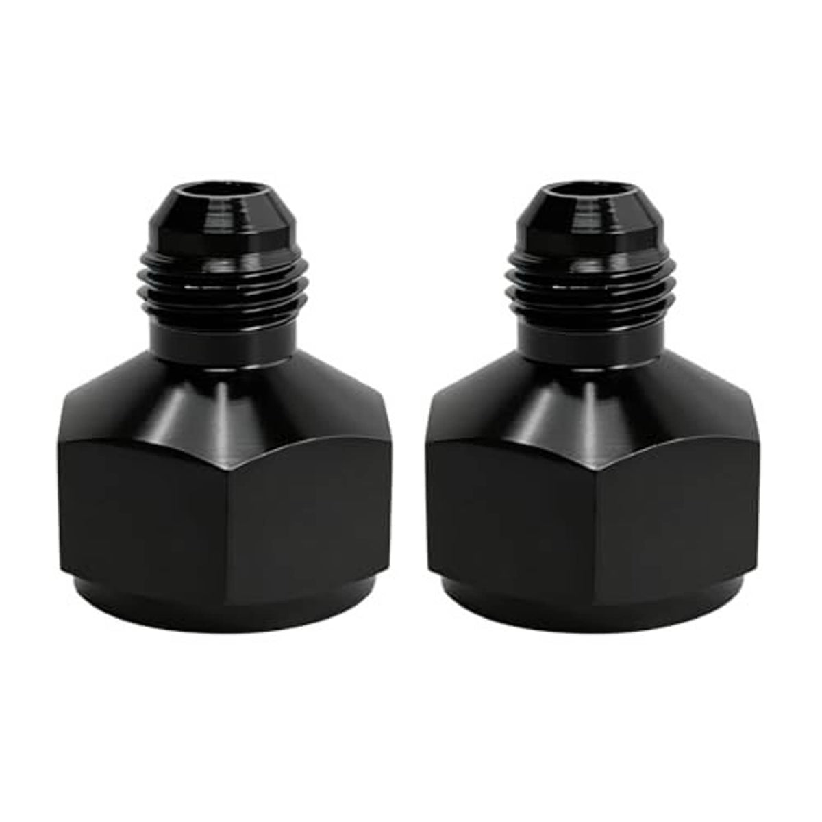 Black aluminum AN10 to AN6 flare reducer adapters with male and female threaded ends (2-pack).