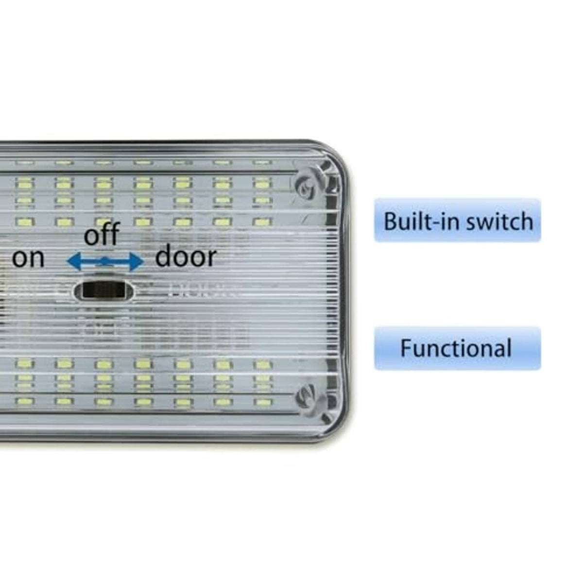 12V dome LED light diagram highlighting built-in switch and on/off positions.