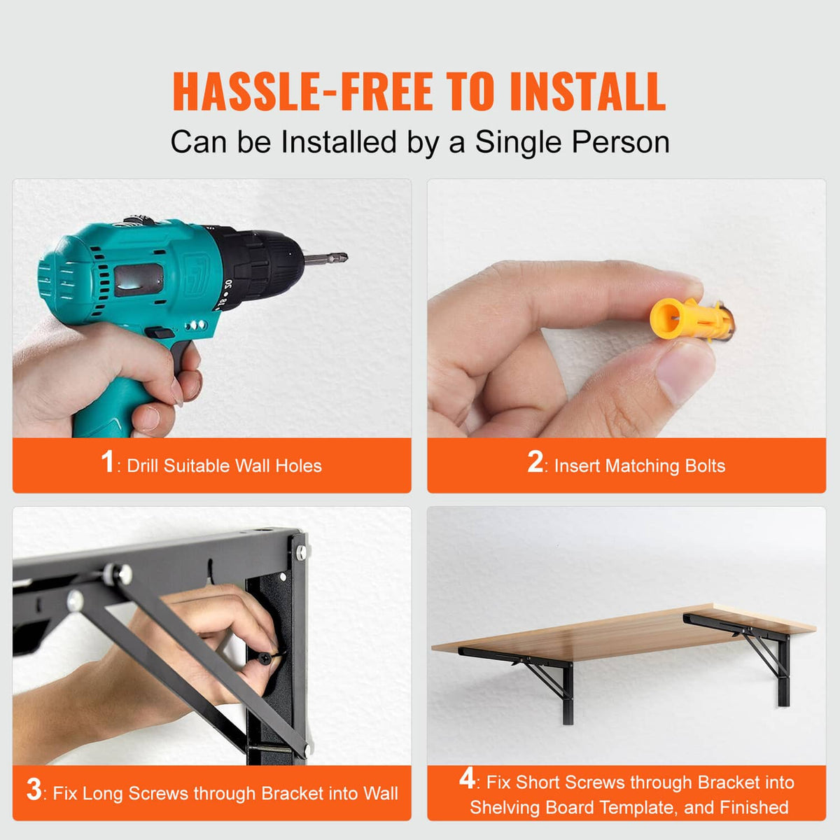 Folding shelf bracket installation steps with drill, bolts, and screw guide