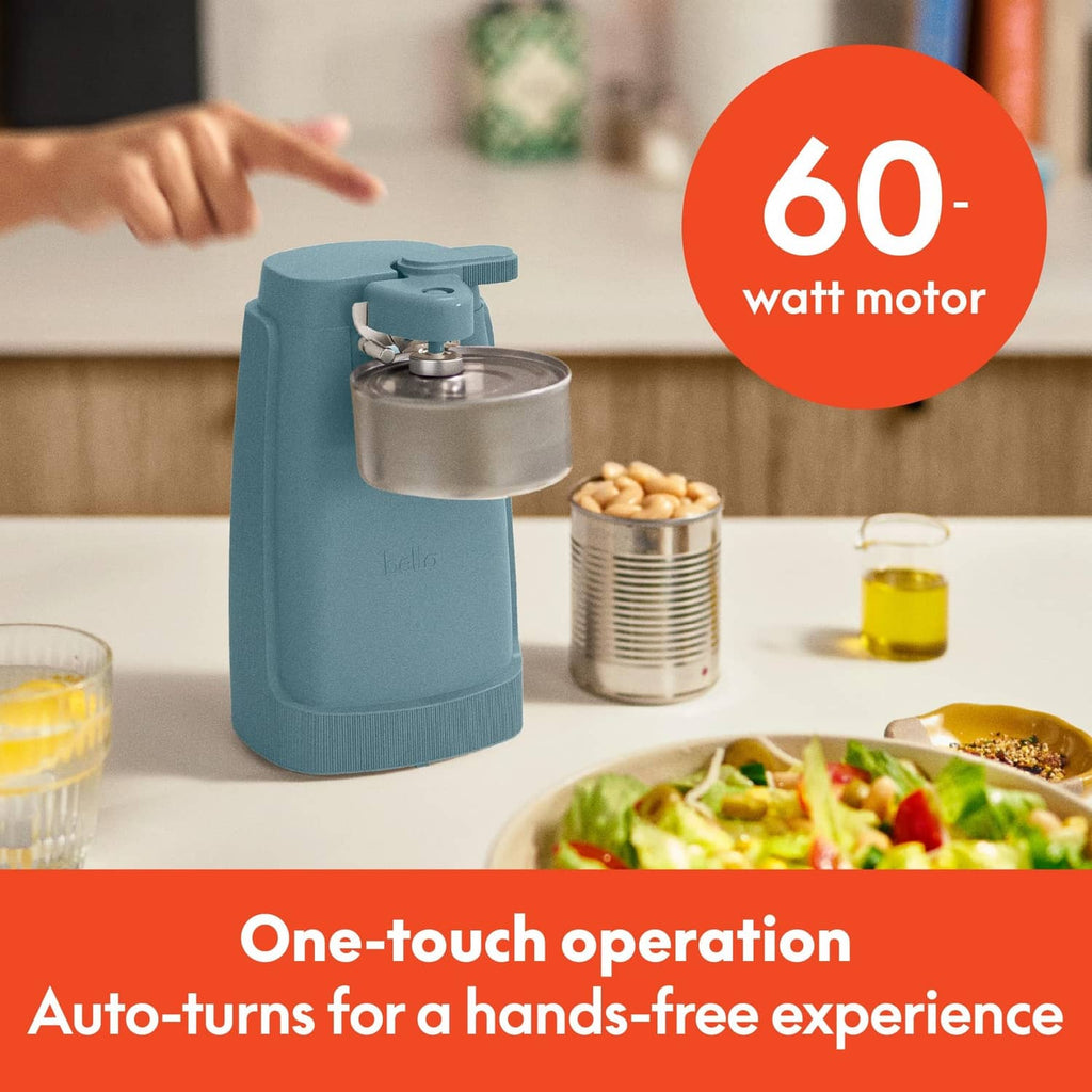 Teal electric can opener with one-touch lever, sits beside opened canisters on counter