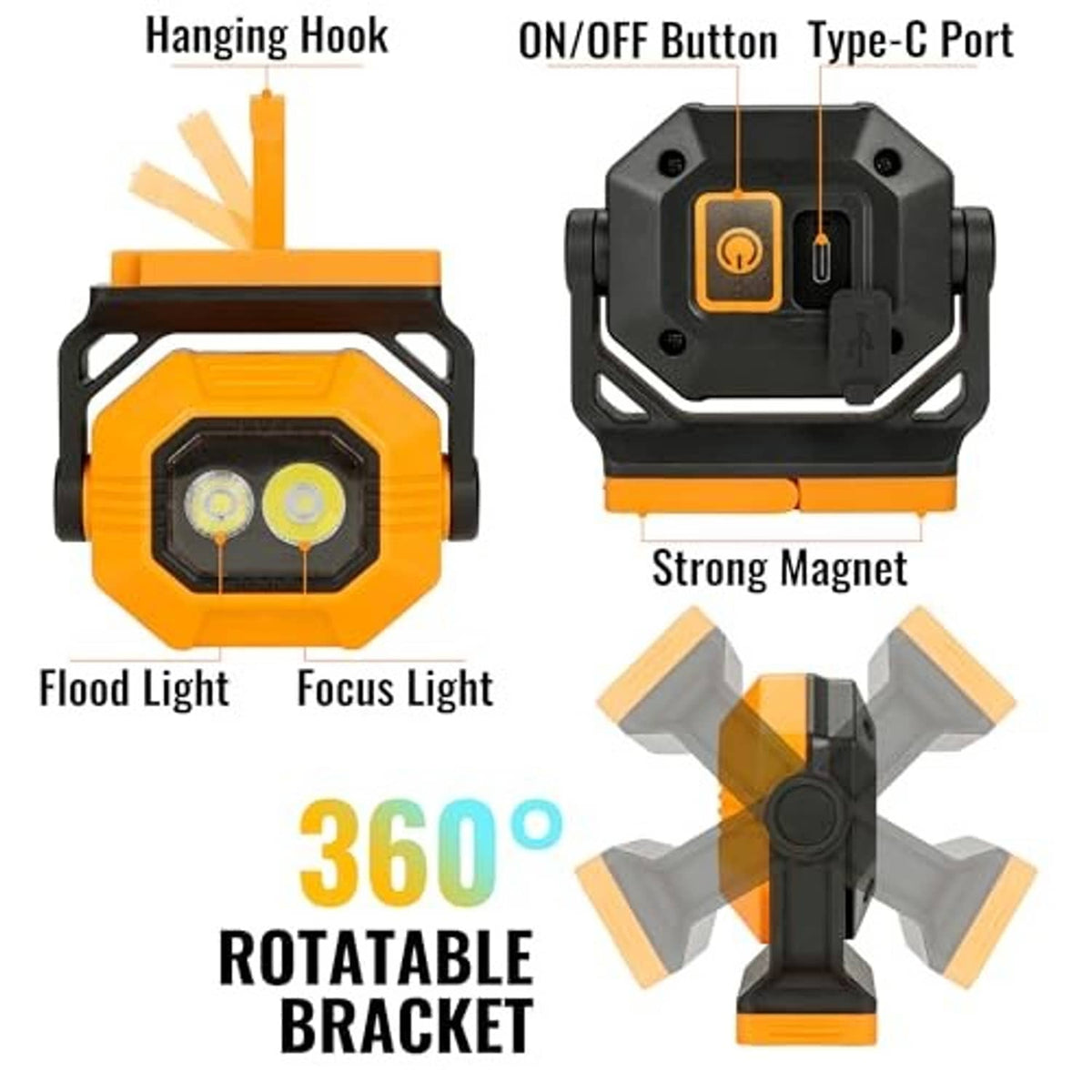Orange and black portable work light with hanging hook, strong magnets, and rotating bracket
