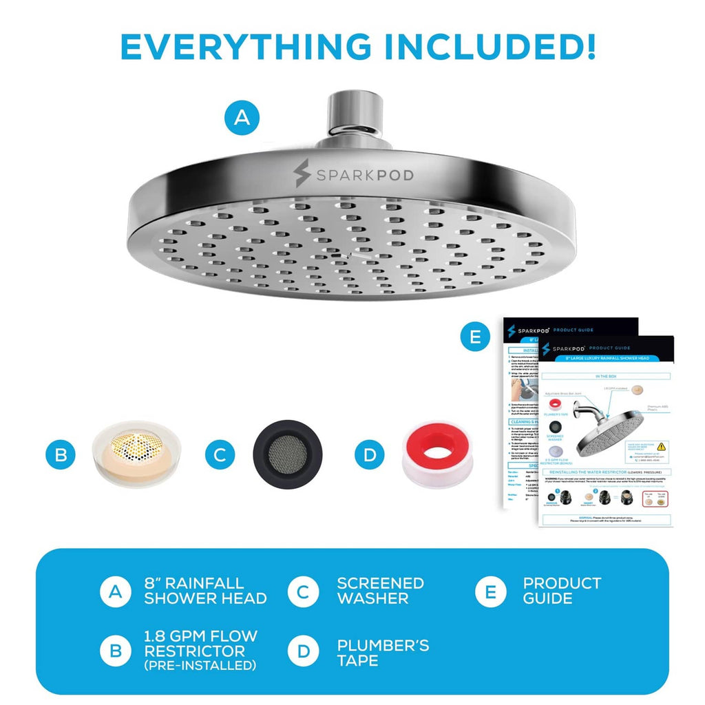 8-inch rain shower head kit with replacement parts and included product guide