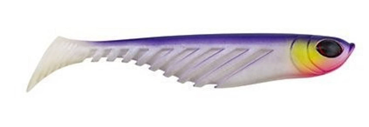 Soft plastic shad fishing bait, light purple body with yellow glow and dark eye