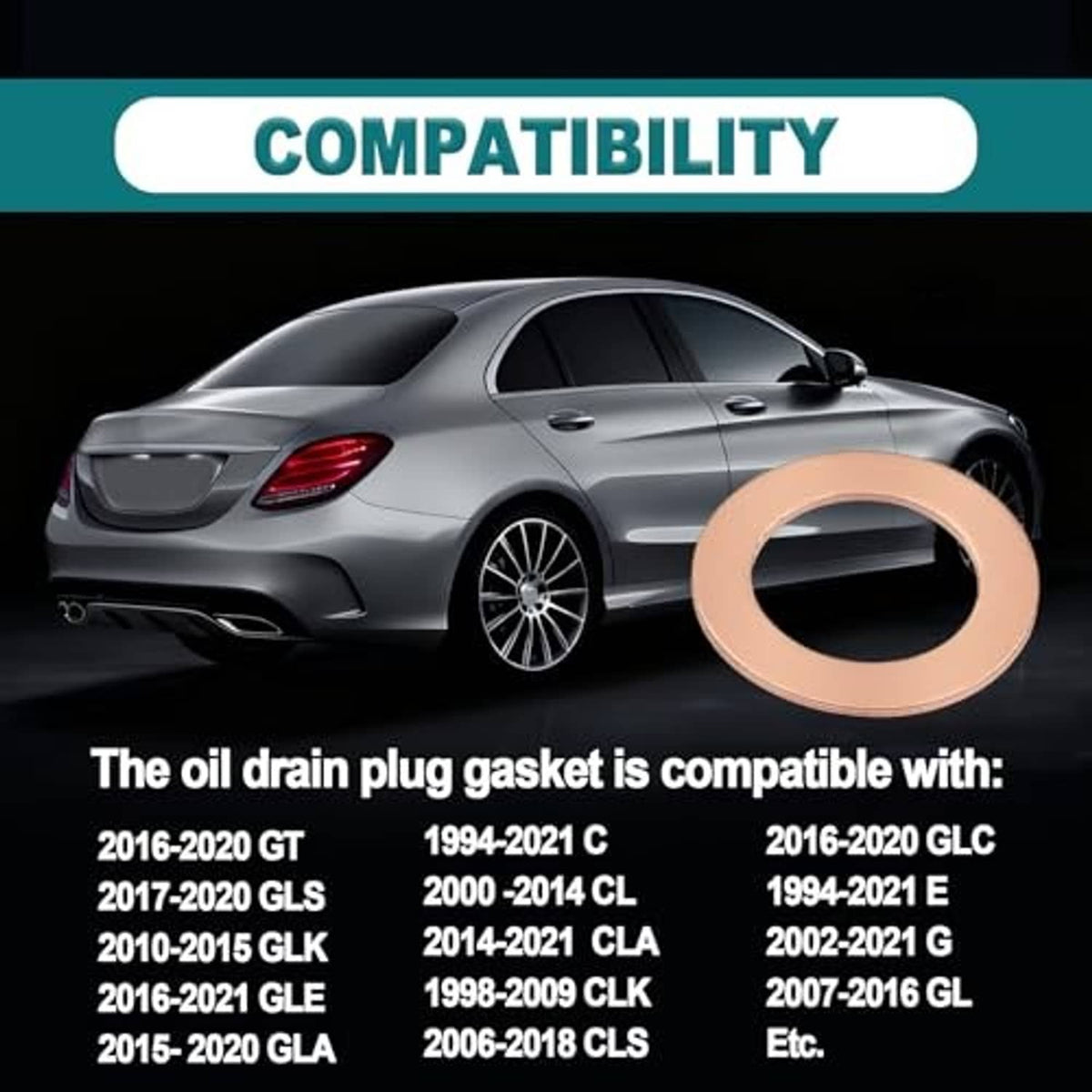 Copper oil drain plug gasket ring shown with compatible car side view